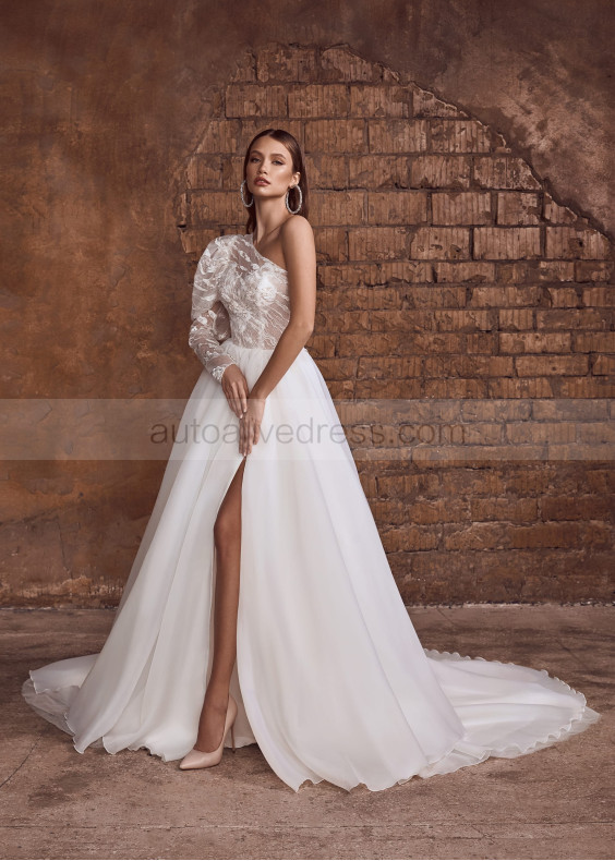 One Shoulder Ivory Lace Organza Slit Wedding Dress